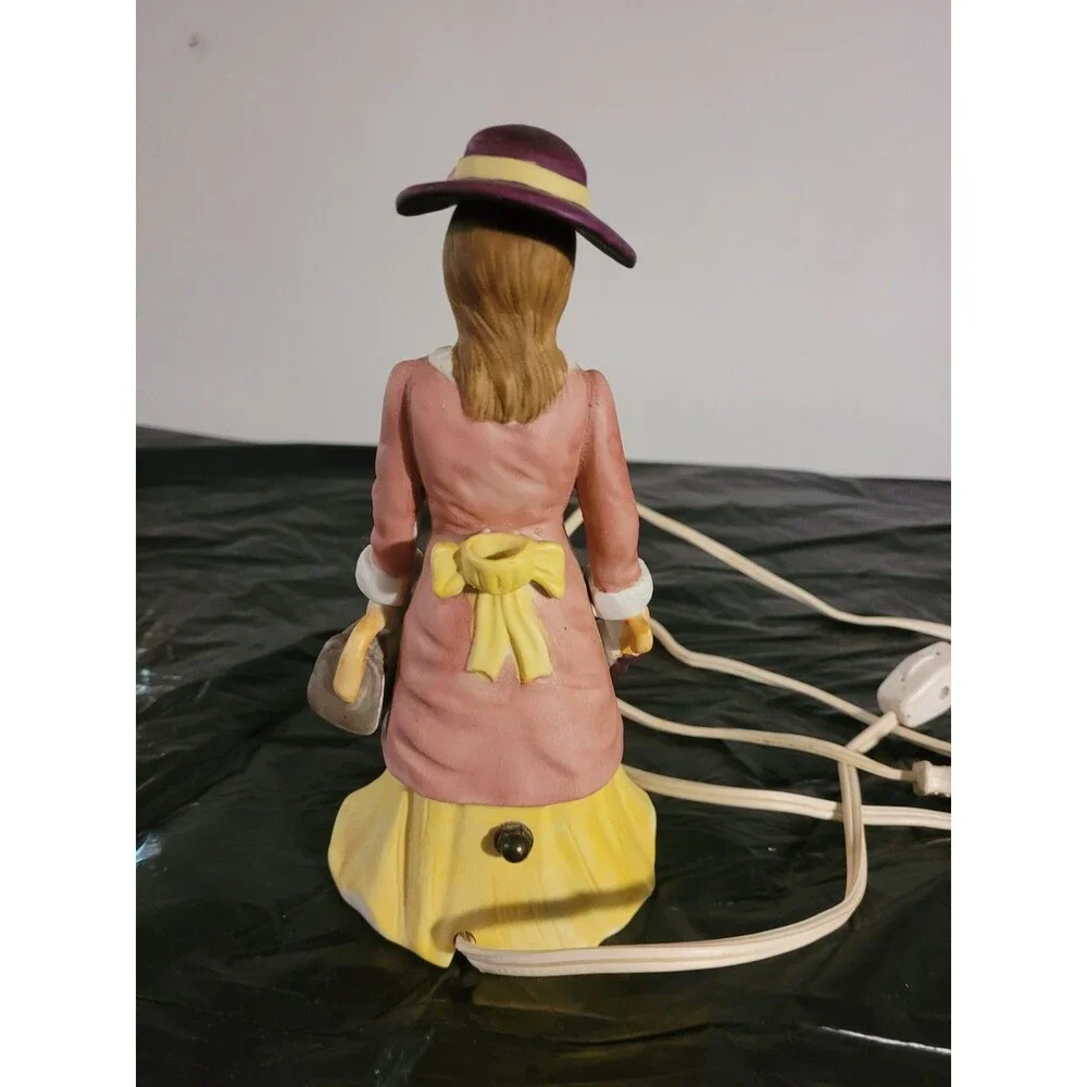 Vtg I.W. Rice Portable Ceramic Night Light Lady Pink & Yellow Dress & Umbrella